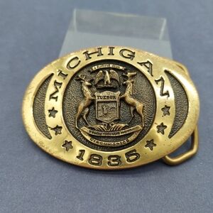 Vintage 1835 State of Michigan Brass Belt Buckle First American Bank Co EB-0576